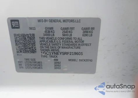 2024 Chevrolet Silverado 2500Hd 4Wd Standard Bed Lt из США, поврежденный, VIN 1GC1YNEY5RF219605